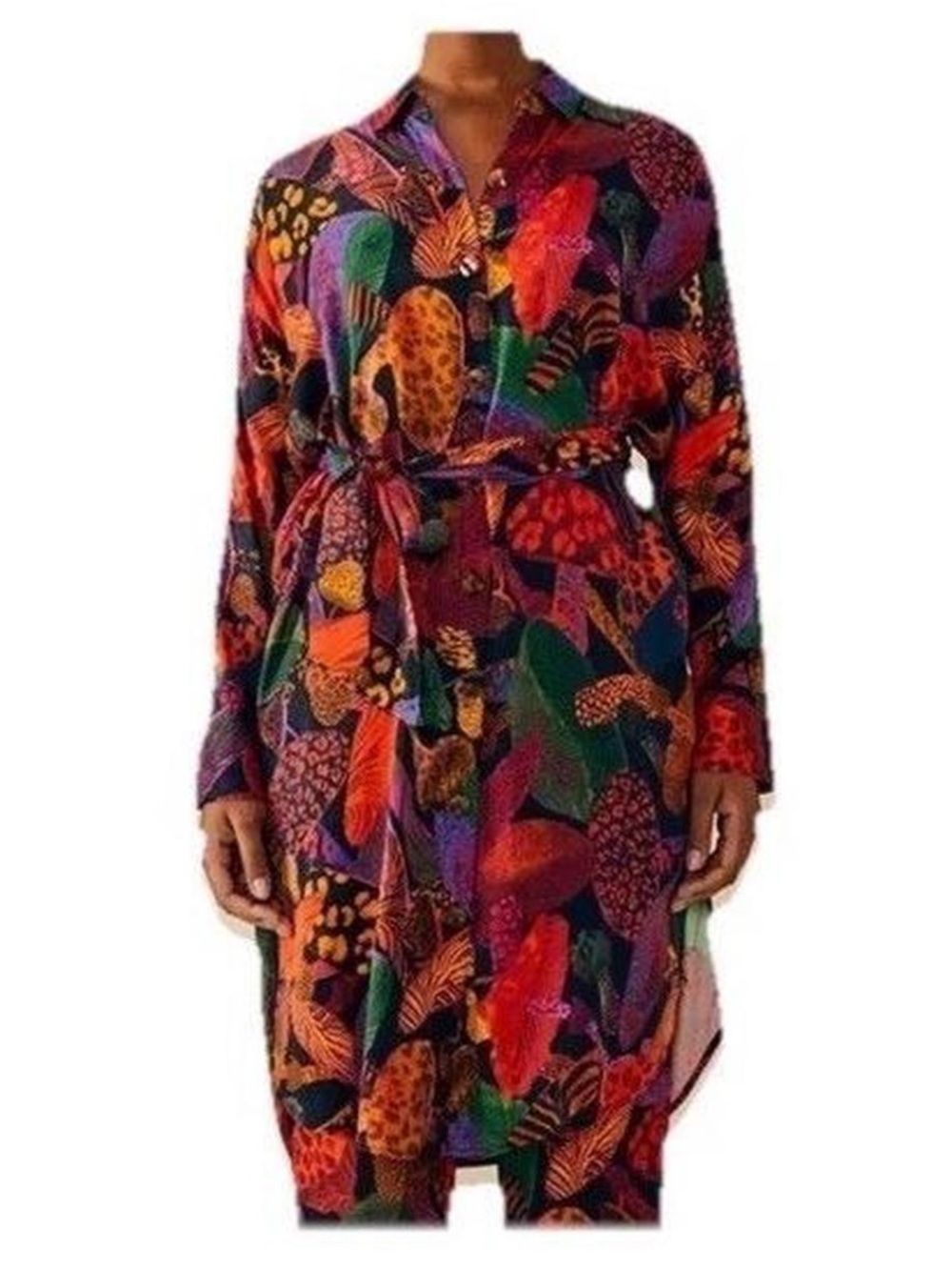 Farm Rio Leopard Mushrooms viscose Shirt Dress with Belt. Size L